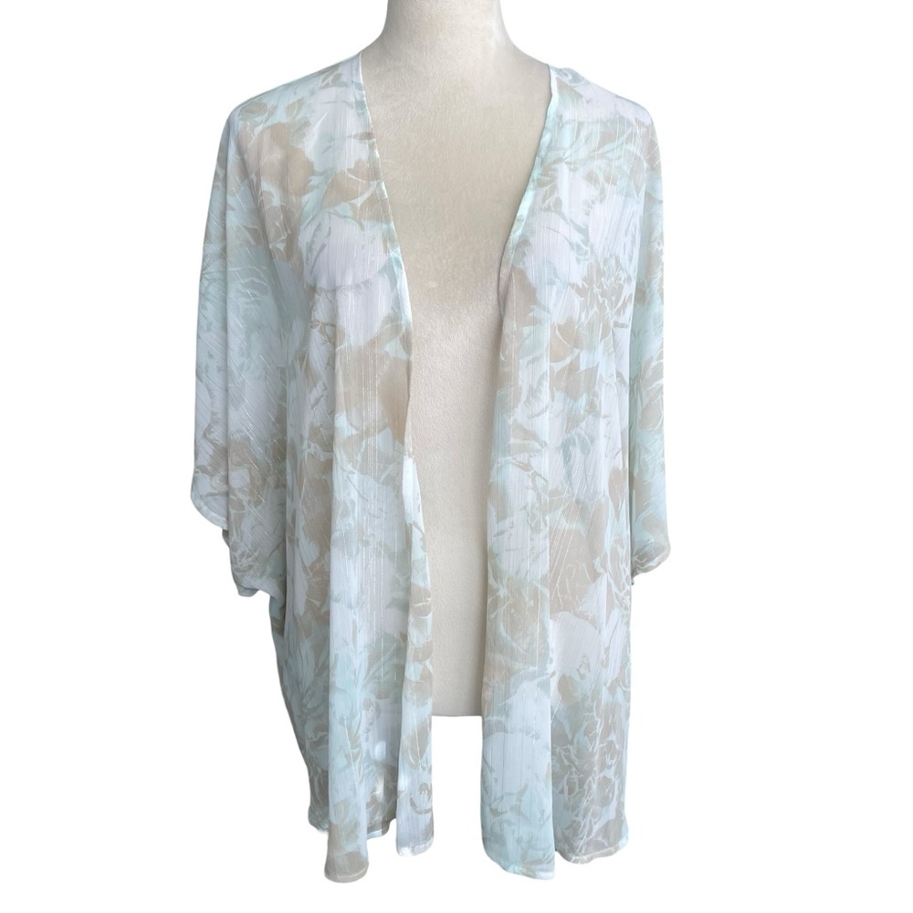 Chico’s Floral Semi Sheer Cover Up Cardigan Size XL Resort Wear Open Front Flowy